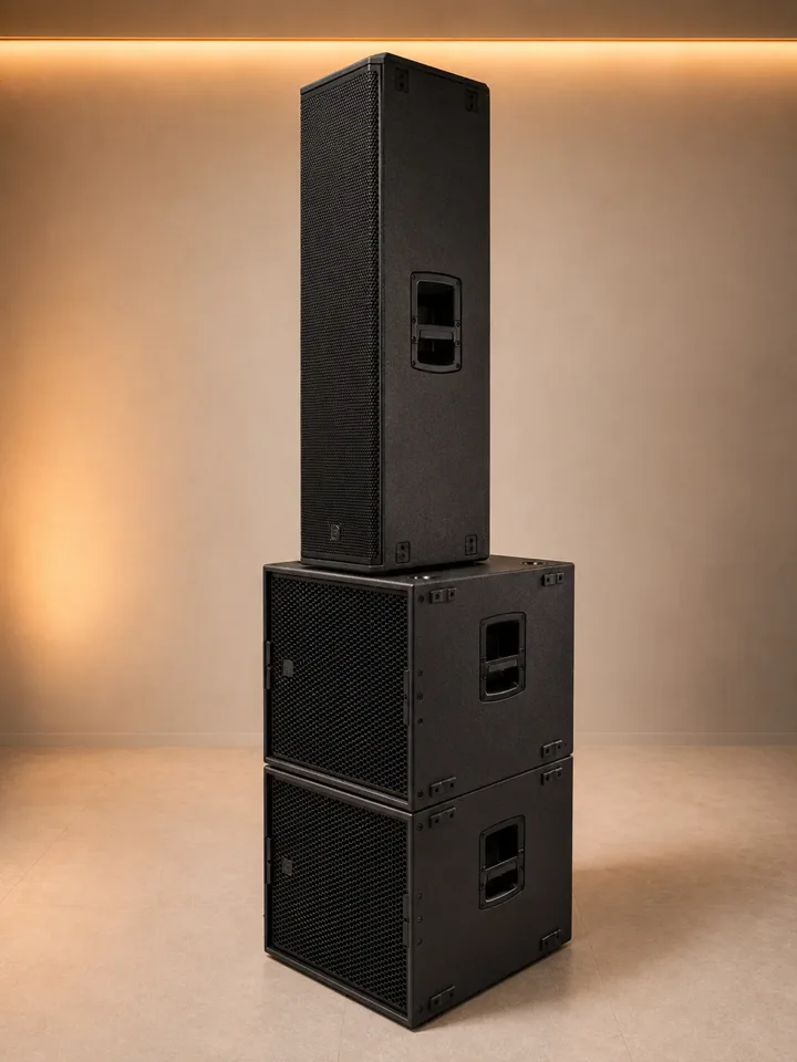 Torre de so PRODIBIZA amb caixa d'aguts sobre dos subwoofers, il·luminada amb llum càlida