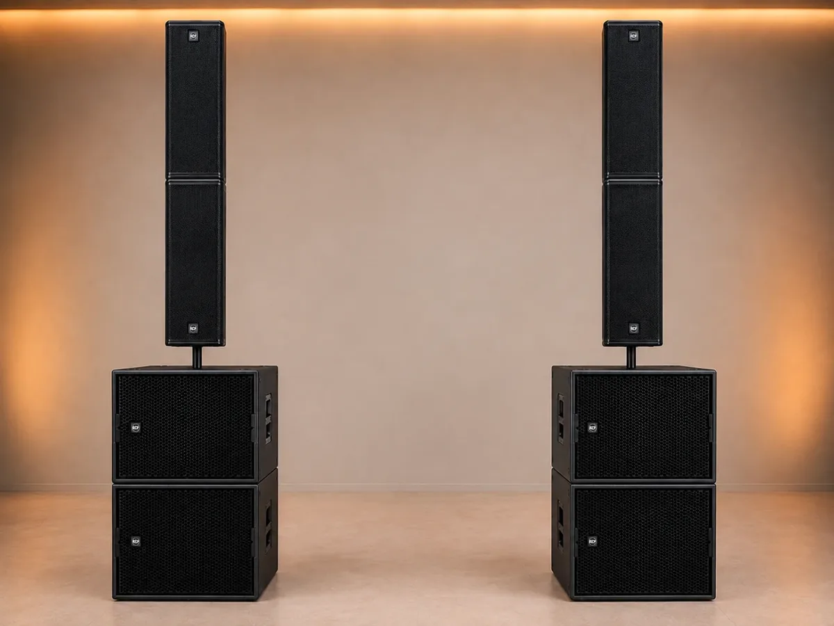 Dues torres de so PRODIBIZA amb array vertical sobre subwoofer, muntades en una sala amb il·luminació càlida