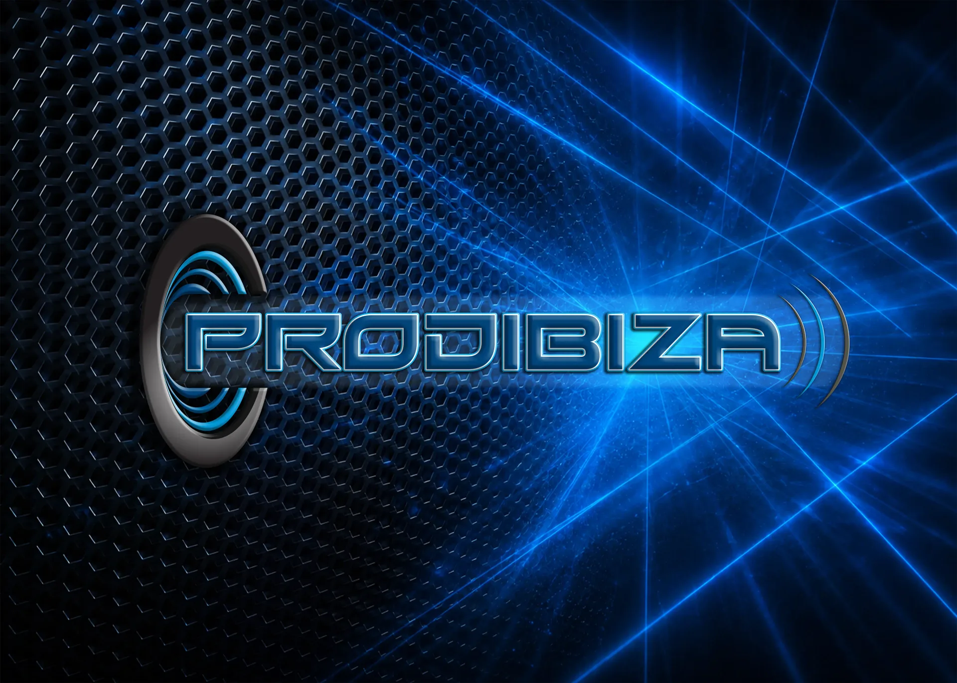 Logotip de PRODIBIZA sobre una reixa d'altaveu recorreguda per feixos de llum blava